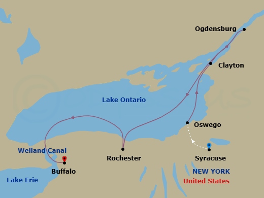 8 Night - Great Lakes & Thousand Islands Cruise - American Patriot Tours - Starting in Syracuse NY, Oswego, NY / Day of Cruising, Clayton, NY, Day of Cruising, Ogdensburg, NY, Rochester, NY, Day of Cruising the Welland Canal, Buffalo, NY itinerary map