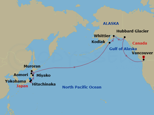 16 Night - Crossing to Canada - Oceania Riviera - Starting in Tokyo (Yokohama), Hitachinaka, Miyako, Muroran (Hokkaido), Aomori, Crossing the International Date Line, Kodiak, Anchorage (Whittier), Cruising Hubbard Glacier, Vancouver itinerary map