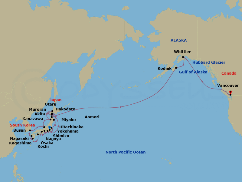 30 Night - Cherry Blossom Bliss - Oceania Riviera - Starting in Tokyo (Yokohama), Hakodate (Hokkaido), Otaru (Sapporo), Akita, Kanazawa, Busan, Nagasaki, Kagoshima, Kochi, Osaka, Nagoya, Shimizu, Tokyo (Yokohama), Hitachinaka, Miyako, Muroran (Hokkaido), Aomori, Crossing the International Date Line, Kodiak, Anchorage (Whittier), Cruising Hubbard Glacier, Vancouver itinerary map