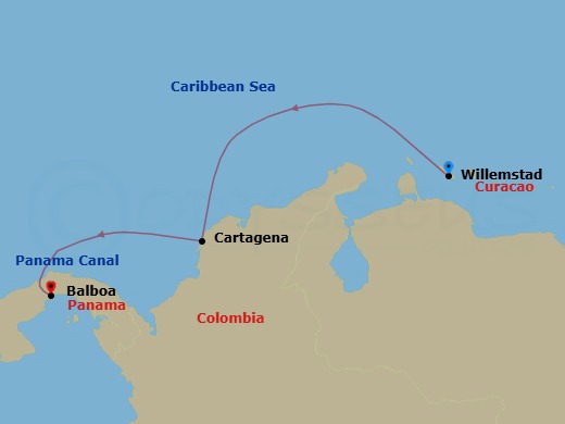 7 Night - Caribbean from Willemstad to Balboa - Sea Cloud Spirit - Starting in Willemstad AN, Curacao, Cartagena CO, Colombia, Transit Panama Canal, Balboa (Panama City) itinerary map