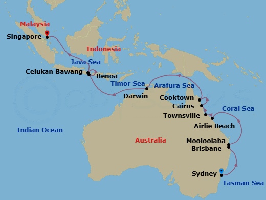 18 Night - Australia & Indonesia Cruise : Brisbane, Cairns & Bali - Azamara Pursuit - Starting in Sydney AU (White Bay), Australia, Brisbane, Mooloolaba, Queensland, Airlie Beach, Queensland, Townsville, Cairns, Cooktown, Darwin, Benoa, Bali, Celukan, Bawang, Bali, Singapore itinerary map