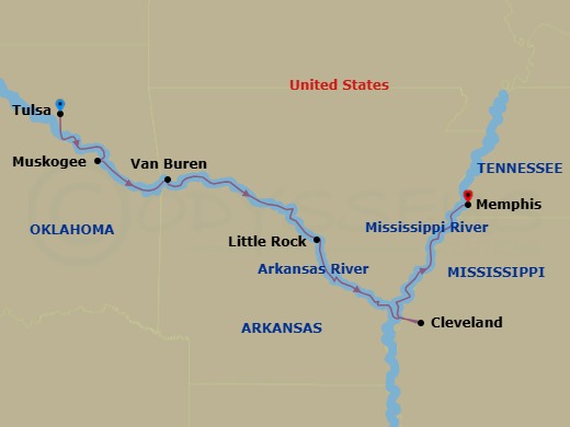8 Night - Arkansas River Cruise - American Symphony - Starting in Tulsa, OK, Day of Cruising, Muskogee, OK, Fort Smith / Van Buren, AR, Little Rock, AR, Day of River Cruising, Cleveland, MS, Memphis, TN itinerary map