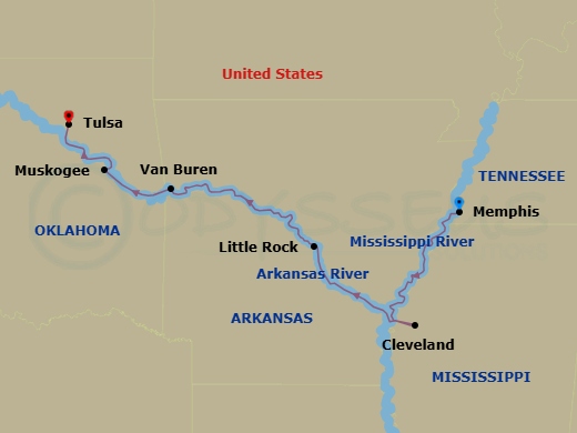 8 Night - Arkansas River Cruise - American Symphony - Starting in Memphis, TN, Day of Cruising, Cleveland, MS, Day of River Cruising, Little Rock, AR, Fort Smith / Van Buren, AR, Muskogee, OK, Tulsa, OK itinerary map