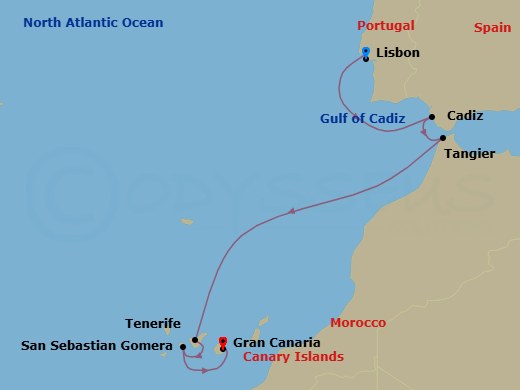 7 Night - Portugal, Morocco & Spain Cruise : Lisbon, Tangier & Tenerife - Azamara Onward - Starting in Lisbon, Cadiz, Tangier, Tenerife, Canary Islands, San Sebastian De La Gomera, Gran Canaria, Canary Islands itinerary map