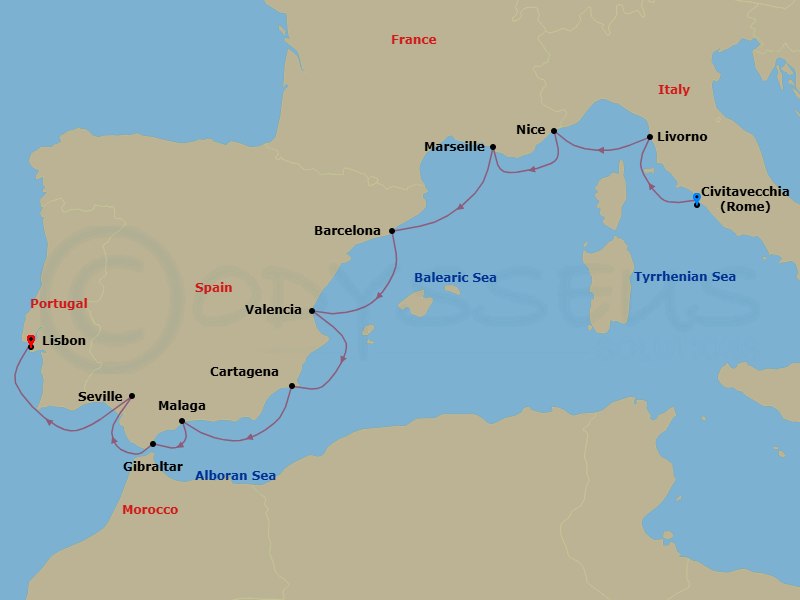 15 Night - Italy, France & Spain Cruise : Rome, Barcelona & Seville - Azamara Journey - Starting in Rome (Civitavecchia), Florence / Pisa (Livorno), Nice, Provence (Marseille), Barcelona, Valencia, Cartagena ES, Malaga, Gibraltar, Seville, Lisbon itinerary map