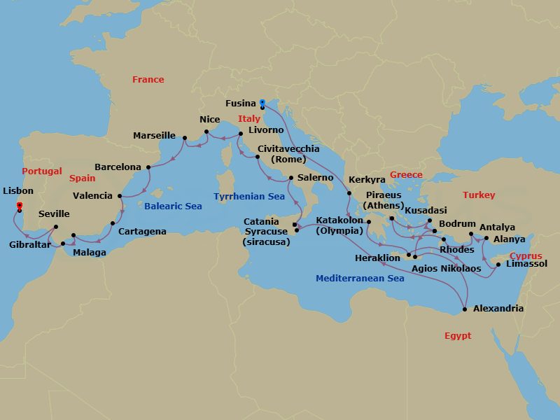 39 Night - Venice to Lisbon Grand Voyage - Azamara Journey - Starting in Venice (Fusina), Corfu, Olympia (Katakolon), Heraklion, (Crete), Limassol, Alanya, Antalya, Rhodes, Athens (Piraeus), Ephesus (Kusadasi), Bodrum, Agios Nikolaos, (Crete), Alexandria EG (Cairo), Egypt, Siracusa, Sicily, Catania, (Sicily), Salerno, Rome (Civitavecchia), Florence / Pisa (Livorno), Nice, Provence (Marseille), Barcelona, Valencia, Cartagena ES, Malaga, Gibraltar, Seville, Lisbon itinerary map