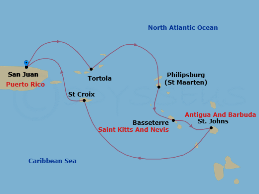 7 Night - Southern Caribbean Cruise - Rhapsody of the Seas - Starting in San Juan, Puerto Rico, Tortola, Philipsburg, St Maarten, Basseterre, St Kitts and Nevis, St Johns AG, Antigua, St Croix, US Virgin Islands, San Juan, Puerto Rico itinerary map