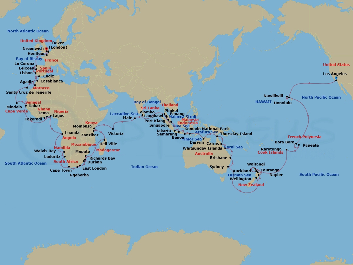 153 Night - Viking World Voyage Iv - Viking Vesta - Starting in Los Angeles, California, Sail the Pacific Ocean, Oahu (Honolulu), Hawaii, Kauai (Nawiliwili), Hawaii, Sail the Pacific Ocean, Bora Bora (Vaitape), Tahiti (Papeete), Sail the South Pacific Ocean, Rarotonga (Avatiu), Sail the South Pacific Ocean, Bay of Islands (Waitangi), Auckland, Rotorua (Tauranga), Napier, Wellington, Sail the Tasman Sea, Sydney AU, Sail the Australian Coast, Brisbane, Sail the Australian Coast, Whitsunday Island (Airlie Beach), Cairns, Sail the Coral Sea, Thursday Island, Sail the Arafura Sea, Darwin, Sail the Timor Sea, Komodo National Park (Rinca), Bali (Benoa), Sail the Java Sea, Semarang, Java, Jakarta, Java, Sail the Java Sea, Singapore, Scenic Sailing : Strait of Malacca, Kuala Lumpur (Port Klang), Langkawi, George Town, Phuket, Sail the Bay of Bengal, Colombo, Sail the Laccadive Sea, Male, Sail the Indian Ocean, Victoria SC, Mahe, Seychelles, Sail the Indian Ocean, Mombasa, Zanzibar, Sail the Indian Ocean, Andoany, Nosy-Be, Sail the Indian Ocean, Maputo, Richards Bay, Durban, East London, Gqeberha, Sail the Indian Ocean, Cape Town, Sail the South Atlantic Ocean, Luderitz, Walvis Bay, Sail the South Atlantic Ocean, Luanda, Sail the South Atlantic Ocean, Lagos, Accra (Tema), Takoradi, Sail the Atlantic Ocean, Dakar, Sail the Atlantic Ocean, Sao Vicente Island (Mindelo), Sail the Atlantic Ocean, Santa Cruz de Tenerife, Agadir, Casablanca, Seville (Cadiz), Lisbon, Porto (Leixoes), A Coruna, Sail the Atlantic Ocean, Paris (Honfleur), Dover UK, London (Greenwich), Dover UK, Scenic Sailing : English Channel, Dublin (Dun Laoghaire), Holyhead, Liverpool, Belfast, The Highlands (Ullapool), Orkney Islands (Kirkwall), Edinburgh (Newhaven Harbour), Aberdeen, Shetland Islands (Lerwick), Bergen, Eidfjord, Stavanger, Oslo, Alborg, Copenhagen, Berlin (Warnemunde), Bornholm (Ronne), Gdansk, Sail the Baltic Sea, Tallinn, Stockholm itinerary map