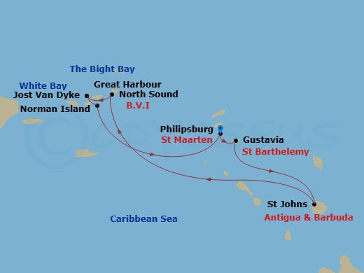 8 Night - Caribbean Roundtrip from St Maarten (Philipsburg) - Sea Cloud Spirit - Starting in Philipsburg, Gustavia, St Johns AG, Antigua, North Sound / Virgin Gorda, Sail Through the Sir Francis Drake Channel, White Bay, Jost Van Dyke, Great Harbour / Jost Van Dyke, The Bight Bay / Norman Island, Philipsburg itinerary map