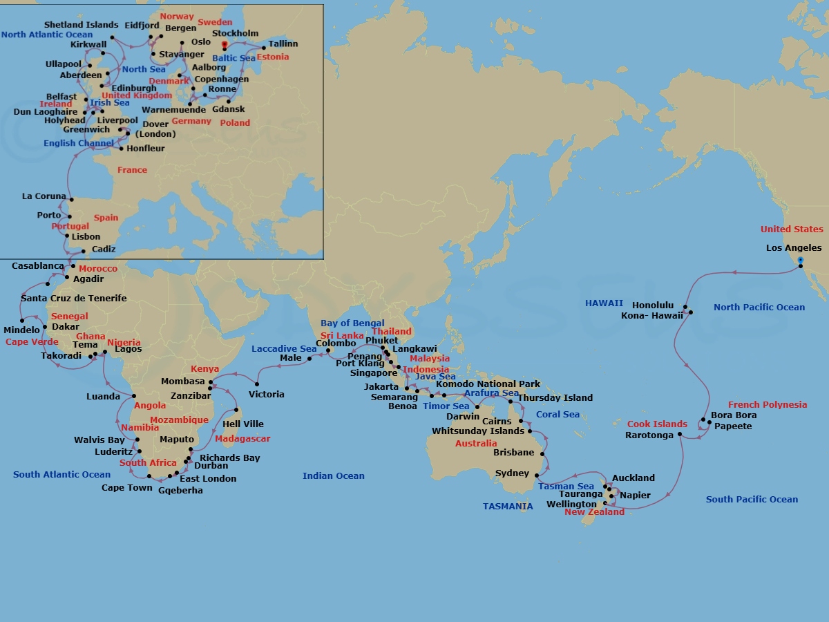 153 Night - Viking World Voyage Iv - Viking Sky - Starting in Los Angeles, California, Sail the Pacific Ocean, Oahu (Honolulu), Hawaii, Kona, Hawaii, Sail the Pacific Ocean, Bora Bora (Vaitape), Tahiti (Papeete), Sail the South Pacific Ocean, Rarotonga (Avatiu), Sail the South Pacific Ocean, Wellington, Napier, Rotorua (Tauranga), Auckland, Sail the Tasman Sea, Sydney AU, Sail the Australian Coast, Brisbane, Sail the Australian Coast, Whitsunday Island (Airlie Beach), Cairns, Sail the Coral Sea, Thursday Island, Sail the Arafura Sea, Darwin, Sail the Timor Sea, Komodo National Park (Rinca), Bali (Benoa), Sail the Java Sea, Semarang, Java, Jakarta, Java, Sail the Java Sea, Singapore, Scenic Sailing : Strait of Malacca, Kuala Lumpur (Port Klang), Langkawi, George Town, Phuket, Sail the Bay of Bengal, Colombo, Sail the Laccadive Sea, Male, Sail the Indian Ocean, Victoria SC, Mahe, Seychelles, Sail the Indian Ocean, Mombasa, Zanzibar, Sail the Indian Ocean, Andoany, Nosy-Be, Sail the Indian Ocean, Maputo, Richards Bay, Durban, East London, Gqeberha, Sail the Indian Ocean, Cape Town, Sail the South Atlantic Ocean, Luderitz, Walvis Bay, Sail the South Atlantic Ocean, Luanda, Sail the South Atlantic Ocean, Lagos, Accra (Tema), Takoradi, Sail the Atlantic Ocean, Dakar, Sail the Atlantic Ocean, Sao Vicente Island (Mindelo), Sail the Atlantic Ocean, Santa Cruz de Tenerife, Agadir, Casablanca, Seville (Cadiz), Lisbon, Porto, A Coruna, Sail the Atlantic Ocean, Paris (Honfleur), Dover UK, London (Greenwich), Dover UK, Scenic Sailing : English Channel, Holyhead, Liverpool, Dublin (Dun Laoghaire), Belfast, The Highlands (Ullapool), Orkney Islands (Kirkwall), Edinburgh (Newhaven Harbour), Aberdeen, Shetland Islands (Lerwick), Bergen, Eidfjord, Stavanger, Oslo, Alborg, Copenhagen, Berlin (Warnemunde), Bornholm (Ronne), Gdansk, Sail the Baltic Sea, Tallinn, Stockholm itinerary map
