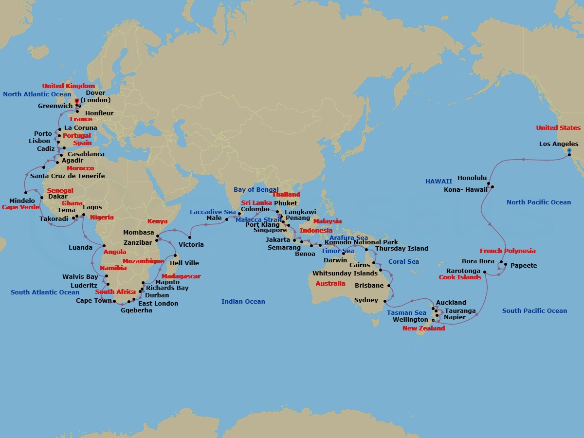 125 Night - Viking World Discoveries - Viking Sky - Starting in Los Angeles, California, Sail the Pacific Ocean, Oahu (Honolulu), Hawaii, Kona, Hawaii, Sail the Pacific Ocean, Bora Bora (Vaitape), Tahiti (Papeete), Sail the South Pacific Ocean, Rarotonga (Avatiu), Sail the South Pacific Ocean, Wellington, Napier, Rotorua (Tauranga), Auckland, Sail the Tasman Sea, Sydney AU, Sail the Australian Coast, Brisbane, Sail the Australian Coast, Whitsunday Island (Airlie Beach), Cairns, Sail the Coral Sea, Thursday Island, Sail the Arafura Sea, Darwin, Sail the Timor Sea, Komodo National Park (Rinca), Bali (Benoa), Sail the Java Sea, Semarang, Java, Jakarta, Java, Sail the Java Sea, Singapore, Scenic Sailing : Strait of Malacca, Kuala Lumpur (Port Klang), Langkawi, George Town, Phuket, Sail the Bay of Bengal, Colombo, Sail the Laccadive Sea, Male, Sail the Indian Ocean, Victoria SC, Mahe, Seychelles, Sail the Indian Ocean, Mombasa, Zanzibar, Sail the Indian Ocean, Andoany, Nosy-Be, Sail the Indian Ocean, Maputo, Richards Bay, Durban, East London, Gqeberha, Sail the Indian Ocean, Cape Town, Sail the South Atlantic Ocean, Luderitz, Walvis Bay, Sail the South Atlantic Ocean, Luanda, Sail the South Atlantic Ocean, Lagos, Accra (Tema), Takoradi, Sail the Atlantic Ocean, Dakar, Sail the Atlantic Ocean, Sao Vicente Island (Mindelo), Sail the Atlantic Ocean, Santa Cruz de Tenerife, Agadir, Casablanca, Seville (Cadiz), Lisbon, Porto, A Coruna, Sail the Atlantic Ocean, Paris (Honfleur), Dover UK, London (Greenwich) itinerary map