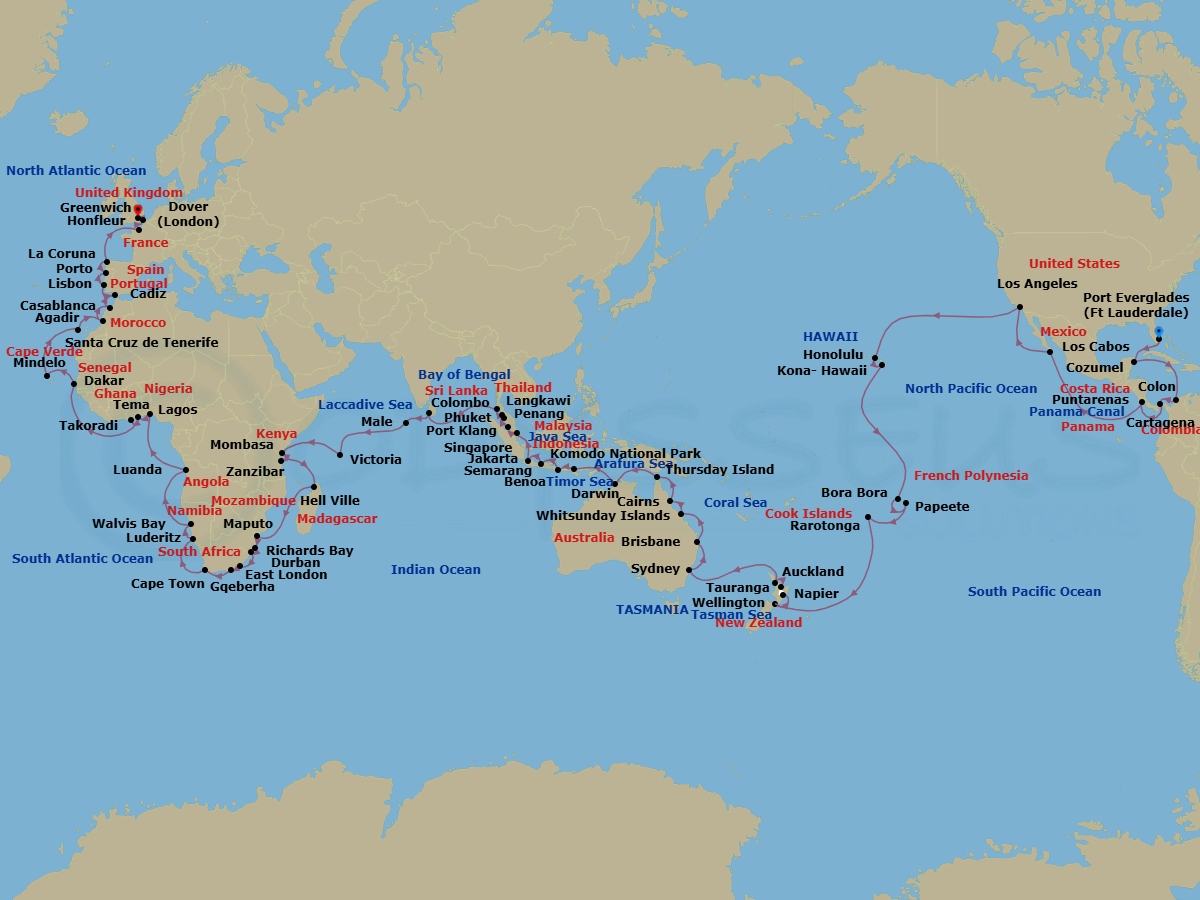 142 Night - Viking World Cruise - Viking Sky - Starting in Fort Lauderdale, Florida, Scenic Sailing : Gulf of Mexico, Cozumel, Mexico, Sail the Caribbean Sea, Cartagena CO, Colon, Scenic Sailing : Panama Canal, Sail the Pacific Ocean, Puntarenas (Puerto Caldera), Sail the Pacific Ocean, Cabo San Lucas, Sail the Pacific Ocean, Los Angeles, California, Sail the Pacific Ocean, Oahu (Honolulu), Hawaii, Kona, Hawaii, Sail the Pacific Ocean, Bora Bora (Vaitape), Tahiti (Papeete), Sail the South Pacific Ocean, Rarotonga (Avatiu), Sail the South Pacific Ocean, Wellington, Napier, Rotorua (Tauranga), Auckland, Sail the Tasman Sea, Sydney AU, Sail the Australian Coast, Brisbane, Sail the Australian Coast, Whitsunday Island (Airlie Beach), Cairns, Sail the Coral Sea, Thursday Island, Sail the Arafura Sea, Darwin, Sail the Timor Sea, Komodo National Park (Rinca), Bali (Benoa), Sail the Java Sea, Semarang, Java, Jakarta, Java, Sail the Java Sea, Singapore, Scenic Sailing : Strait of Malacca, Kuala Lumpur (Port Klang), Langkawi, George Town, Phuket, Sail the Bay of Bengal, Colombo, Sail the Laccadive Sea, Male, Sail the Indian Ocean, Victoria SC, Mahe, Seychelles, Sail the Indian Ocean, Mombasa, Zanzibar, Sail the Indian Ocean, Andoany, Nosy-Be, Sail the Indian Ocean, Maputo, Richards Bay, Durban, East London, Gqeberha, Sail the Indian Ocean, Cape Town, Sail the South Atlantic Ocean, Luderitz, Walvis Bay, Sail the South Atlantic Ocean, Luanda, Sail the South Atlantic Ocean, Lagos, Accra (Tema), Takoradi, Sail the Atlantic Ocean, Dakar, Sail the Atlantic Ocean, Sao Vicente Island (Mindelo), Sail the Atlantic Ocean, Santa Cruz de Tenerife, Agadir, Casablanca, Seville (Cadiz), Lisbon, Porto, A Coruna, Sail the Atlantic Ocean, Paris (Honfleur), Dover UK, London (Greenwich) itinerary map