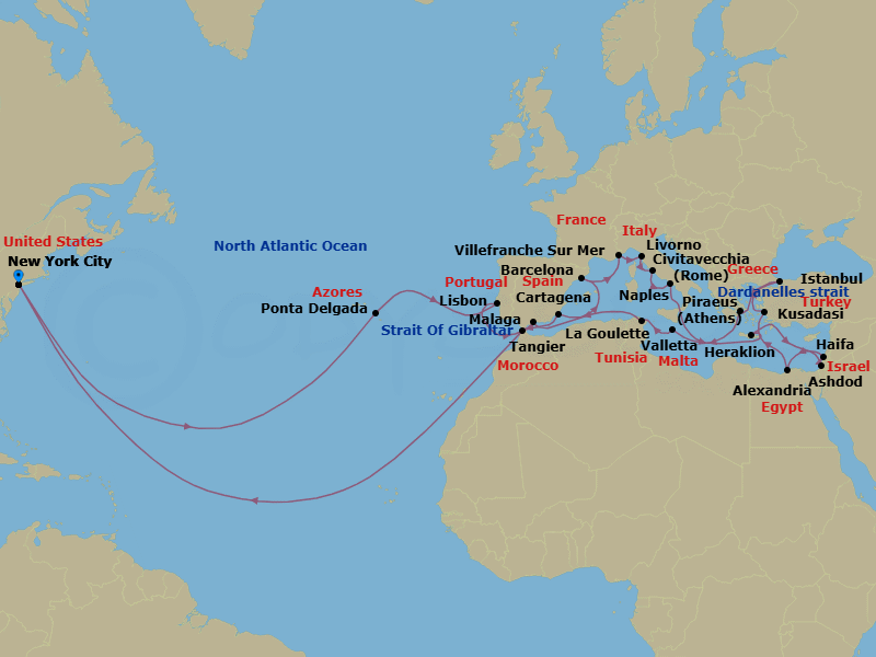 45 Night - Legendary Ultimate Mediterranean & Atlantic Passage - Volendam - Starting in New York, Ponta Delgada, Sao Miguel, Azores, Portugal, Lisbon, Portugal, Cruising Strait of Gibraltar, Cartagena ES, Barcelona, Spain, Villefranche-sur-Mer (Nice), France, Livorno (Florence / Pisa), Italy, Civitavecchia (Rome), Italy, Naples (Pompeii / Amalfi), Italy, Messina, Italy, Kerkira, (Corfu), Greece, Iraklion (Crete), Greece, Rhodes, Greece, Bodrum, Turkey, Kusadasi (Ephesus), Turkey, Cruising the Dardanelles, Istanbul, Turkey, Piraeus (Athens), Greece, Valletta, Malta, La Goulette (Tunis), Tunisia, Malaga, Spain, Cadiz (Seville), Spain, Funchal (Madeira), Portugal, New York itinerary map