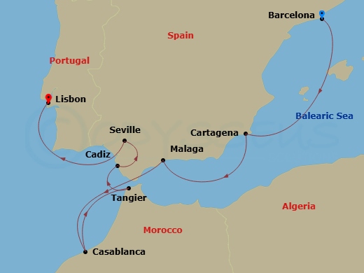 10 Night - New Year's Eve Cruise : Casablanca, Cadiz & Seville - Azamara Onward - Starting in Barcelona, Cartagena ES, Malaga, Casablanca, Tangier, Cadiz, Seville, Lisbon itinerary map