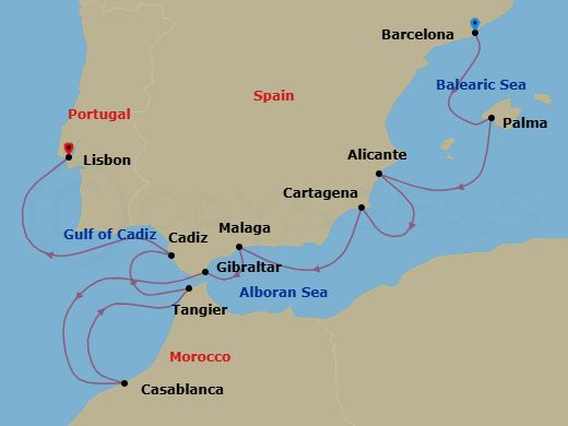 10 Night - Europe & Mediterranean - Crystal Serenity - Starting in Barcelona, Palma De Mallorca, Alicante, Cartagena ES, Spain, Malaga (Costa del Sol), Gibraltar, Casablanca, Morocco, Tangier, Cadiz, Lisbon itinerary map