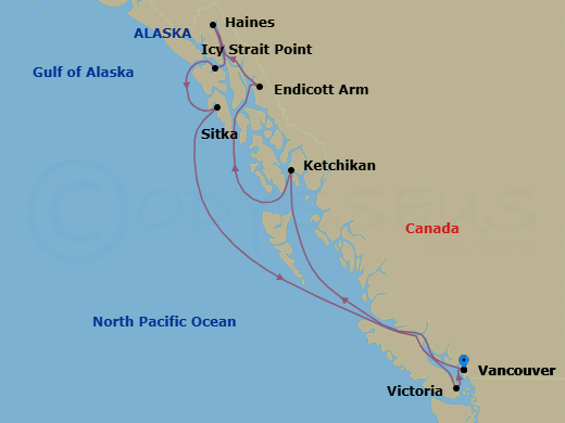 9 Night - Alaska Roundtrip from Vancouver - Crystal Symphony - Starting in Vancouver, Ketchikan, Endicott Arm, Haines, Alaska, Icy Strait Point, Alaska, Sitka, Alaska, Victoria CA, Canada, Vancouver itinerary map