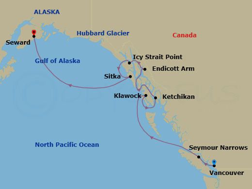 8 Night - Alaska from Vancouver to Seward - Crystal Symphony - Starting in Vancouver, Seymour Narrows, British Columbia, Klawock, Ketchikan, Endicott Arm, Icy Strait Point, Alaska, Sitka, Alaska, Cruise Hubbard Glacier, Alaska, Seward itinerary map