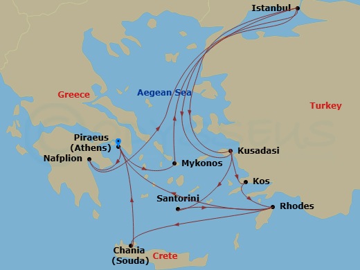 21 Night - Greece & Istanbul Collectors' Voyage - Oosterdam - Starting in Piraeus (Athens), Greece, Nafplion, Greece, Istanbul, Turkey, Kusadasi (Ephesus), Turkey, Thira (Santorini), Greece, Rhodes, Greece, Souda (Chania), Greece, Piraeus (Athens), Greece, Mykonos, Greece, Istanbul, Turkey, Kusadasi (Ephesus), Turkey, Kos, Greece, Rhodes, Greece, Piraeus (Athens), Greece itinerary map