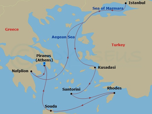 11 Night - Adriatic Antiquities : Greece & Istanbul - Oosterdam - Starting in Piraeus (Athens), Greece, Nafplion, Greece, Istanbul, Turkey, Kusadasi (Ephesus), Turkey, Thira (Santorini), Greece, Rhodes, Greece, Souda (Chania), Greece, Piraeus (Athens), Greece itinerary map