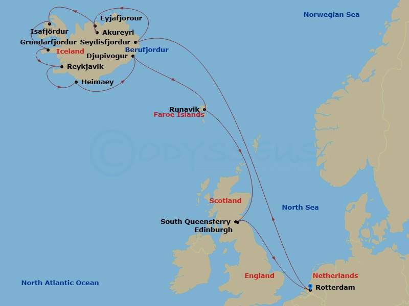 14 Night - Icelandic Fjords with Scotland Collectors' Voyage - Rotterdam - Starting in Rotterdam, the Netherlands, Seydisfjordur, Iceland, Scenic cruising Seydisfjordur, Akureyri, Iceland, Scenic cruising Eyjafjordur, Isafjordur, Iceland, Scenic Cruising Isafjardurdjur, Grundarfjordur, Iceland, Reykjavik, Iceland, Heimaey, Westman Islands, Iceland, Djupivogur, Iceland, Scenic cruising Berufjordur, Runavik, Faroe Islands, South Queensferry (Edinburgh), Scotland, United Kingdom, Rotterdam, the Netherlands itinerary map