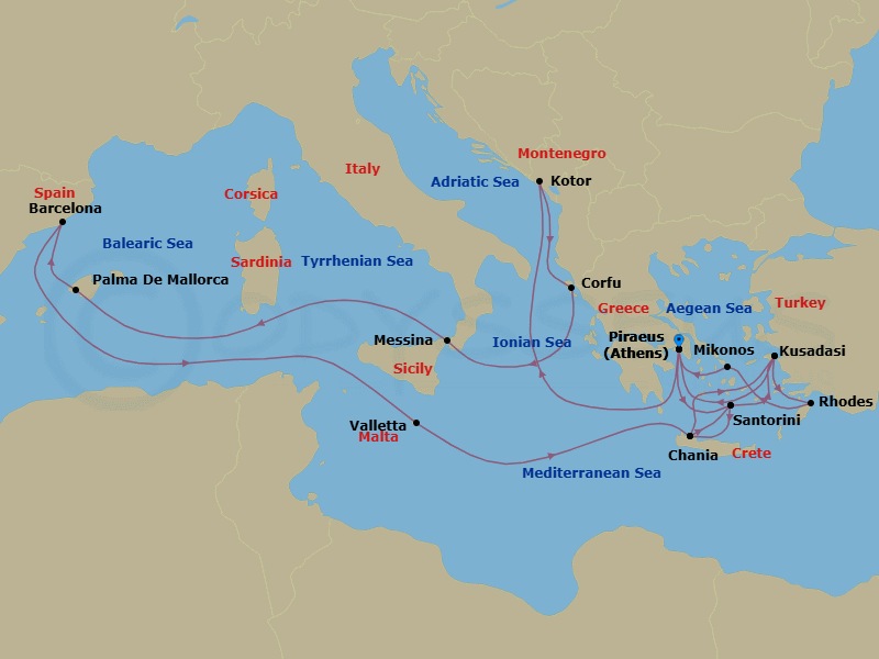 21 Night - Ultimate Mediterranean Splendor Collectors' Voyage - Oosterdam - Starting in Piraeus (Athens), Greece, Thira (Santorini), Greece, Souda (Chania), Greece, Kusadasi (Ephesus), Turkey, Rhodes, Greece, Mykonos, Greece, Piraeus (Athens), Greece, Kotor, Montenegro, Scenic cruising Bay of Kotor, Kerkira, (Corfu), Greece, Messina, Italy, Cruising Strait of Messina, Evening cruising Stromboli Volcano, Palma De Mallorca, Spain, Barcelona, Spain, Valletta, Malta, Souda (Chania), Greece, Thira (Santorini), Greece, Kusadasi (Ephesus), Turkey, Piraeus (Athens), Greece itinerary map