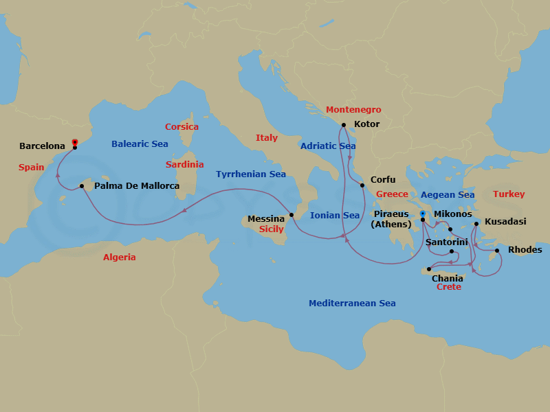 14 Night - Turkey, Greece, Sicily & Spain Collectors' Voyage - Oosterdam - Starting in Piraeus (Athens), Greece, Thira (Santorini), Greece, Souda (Chania), Greece, Kusadasi (Ephesus), Turkey, Rhodes, Greece, Mykonos, Greece, Piraeus (Athens), Greece, Kotor, Montenegro, Scenic cruising Bay of Kotor, Kerkira, (Corfu), Greece, Messina, Italy, Cruising Strait of Messina, Evening cruising Stromboli Volcano, Palma De Mallorca, Spain, Barcelona, Spain itinerary map