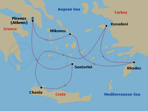 7 Night - Mediterranean : Greece to Turkey - Oosterdam - Starting in Piraeus (Athens), Greece, Thira (Santorini), Greece, Souda (Chania), Greece, Kusadasi (Ephesus), Turkey, Rhodes, Greece, Mykonos, Greece, Piraeus (Athens), Greece itinerary map