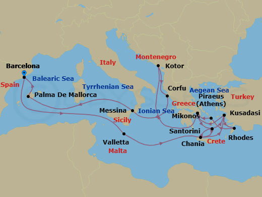 21 Night - Ultimate Mediterranean Splendor Collectors' Voyage - Oosterdam - Starting in Barcelona, Spain, Valletta, Malta, Souda (Chania), Greece, Thira (Santorini), Greece, Kusadasi (Ephesus), Turkey, Piraeus (Athens), Greece, Thira (Santorini), Greece, Souda (Chania), Greece, Kusadasi (Ephesus), Turkey, Rhodes, Greece, Mykonos, Greece, Piraeus (Athens), Greece, Kotor, Montenegro, Scenic cruising Bay of Kotor, Kerkira, (Corfu), Greece, Messina, Italy, Cruising Strait of Messina, Evening cruising Stromboli Volcano, Palma De Mallorca, Spain, Barcelona, Spain itinerary map