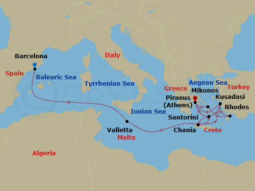 14 Night - Malta, Greek Isles & Turkey Collectors' Voyage - Oosterdam - Starting in Barcelona, Spain, Valletta, Malta, Souda (Chania), Greece, Thira (Santorini), Greece, Kusadasi (Ephesus), Turkey, Piraeus (Athens), Greece, Thira (Santorini), Greece, Souda (Chania), Greece, Kusadasi (Ephesus), Turkey, Rhodes, Greece, Mykonos, Greece, Piraeus (Athens), Greece itinerary map