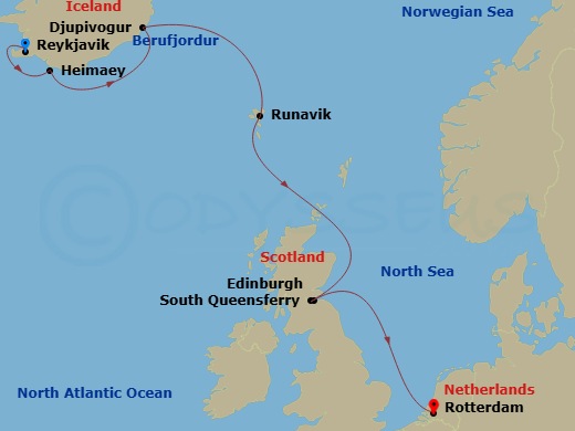 7 Night - Viking Trails & Celtic Origins : Edinburgh Evening Stay - Rotterdam - Starting in Reykjavik, Iceland, Heimaey, Westman Islands, Iceland, Djupivogur, Iceland, Scenic cruising Berufjordur, Runavik, Faroe Islands, South Queensferry (Edinburgh), Scotland, United Kingdom, Rotterdam, the Netherlands itinerary map