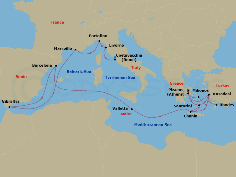 21 Night - Ultimate Mediterranean Marvels Collectors' Voyage - Oosterdam - Starting in Civitavecchia (Rome), Italy, Livorno (Florence / Pisa), Italy, Portofino, Italy, Marseille (Provence), France, Gibraltar, Barcelona, Spain, Valletta, Malta, Souda (Chania), Greece, Thira (Santorini), Greece, Kusadasi (Ephesus), Turkey, Piraeus (Athens), Greece, Thira (Santorini), Greece, Souda (Chania), Greece, Kusadasi (Ephesus), Turkey, Rhodes, Greece, Mykonos, Greece, Piraeus (Athens), Greece itinerary map