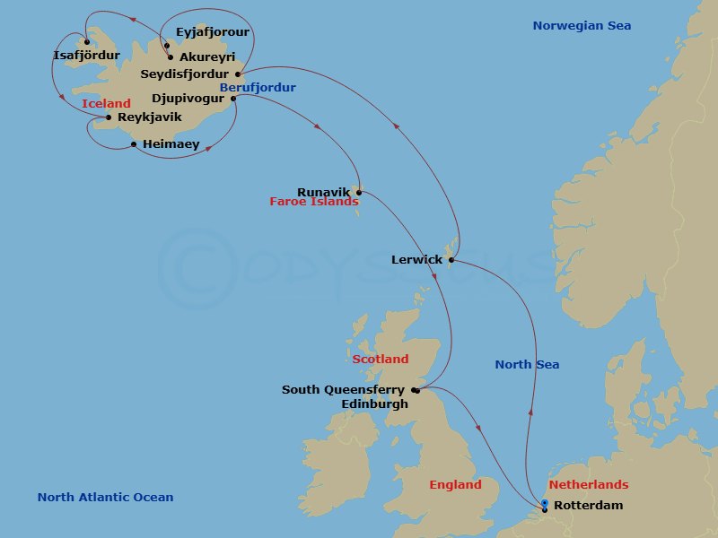 14 Night - Icelandic Fjords with Scotland Collectors' Voyage - Rotterdam - Starting in Rotterdam, the Netherlands, Lerwick, Shetland Islands, United Kingdom, Seydisfjordur, Iceland, Scenic cruising Seydisfjordur, Akureyri, Iceland, Scenic cruising Eyjafjordur, Isafjordur, Iceland, Scenic Cruising Isafjardurdjur, Reykjavik, Iceland, Heimaey, Westman Islands, Iceland, Djupivogur, Iceland, Scenic cruising Berufjordur, Runavik, Faroe Islands, South Queensferry (Edinburgh), Scotland, United Kingdom, Rotterdam, the Netherlands itinerary map