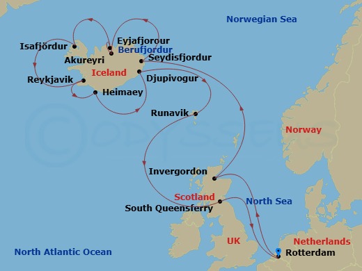 14 Night - Icelandic Fjords with Scotland Collectors' Voyage - Rotterdam - Starting in Rotterdam, the Netherlands, Invergordon (Inverness), Scotland, United Kingdom, Seydisfjordur, Iceland, Scenic cruising Seydisfjordur, Akureyri, Iceland, Scenic cruising Eyjafjordur, Isafjordur, Iceland, Scenic Cruising Isafjardurdjur, Reykjavik, Iceland, Heimaey, Westman Islands, Iceland, Djupivogur, Iceland, Scenic cruising Berufjordur, Runavik, Faroe Islands, South Queensferry (Edinburgh), Scotland, United Kingdom, Rotterdam, the Netherlands itinerary map