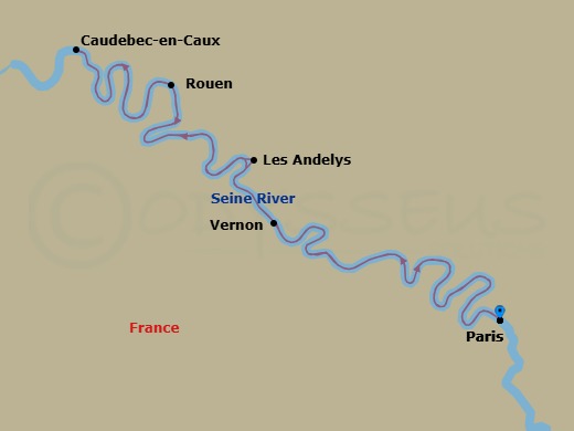 7 Night - The Seine, Paris & Normandy - MS Jane Austen - Starting in Paris, France, Seine River, Rouen, France, Caudebec, France, Vernon, France, Paris, France itinerary map