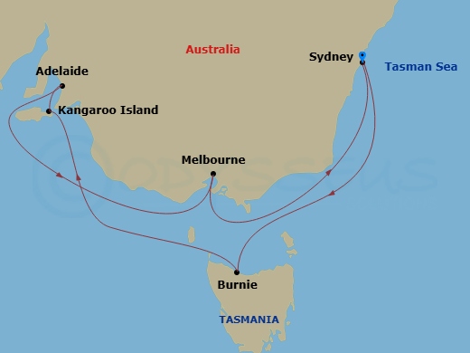 14 Night - Sydney City Highlights Pre Cruisetour - Norwegian Spirit Tours - Starting in At Hotel, Sydney AU, Burnie, Tasmania, Australia, Kangaroo Island, Australia, Adelaide, Australia, Melbourne, Australia, Sydney AU itinerary map