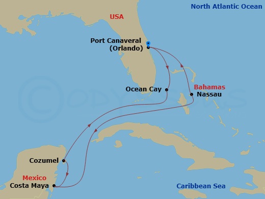 7 Night - Caribbean and Antilles - MSC World Atlantic - Starting in Port Canaveral (Orlando), Florida, Ocean Cay Msc Marine Reserve, Bahamas, Cozumel, Mexico, Costa Maya, Mexico, Nassau, Bahamas, Port Canaveral (Orlando), Florida itinerary map