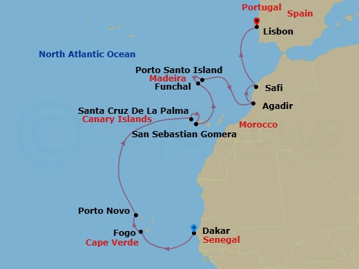 14 Night - Dakar to Lisbon - Silver Endeavour - Starting in Dakar, Fogo, Porto Novo, Santa Cruz de La Palma, San Sebastian (La Gomera), Funchal, Madeira, Porto Santo, Madeira, Agadir, Safi, Lisbon itinerary map