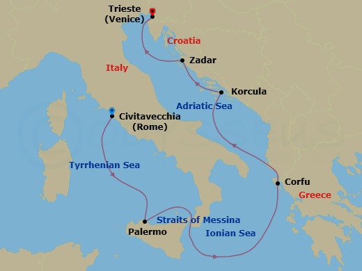 7 Night - Greece, Italy and Croatia - Queen Elizabeth - Starting in Civitavecchia (tours to Rome), Italy, Palermo, Sicily, Italy, Messina Strait, Italy (Transit), Corfu, Greece, Korcula, Croatia, Zadar, Croatia, Trieste, Italy itinerary map