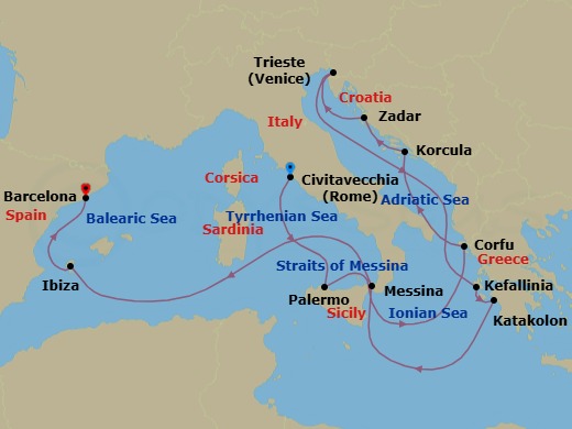14 Night - Mediterranean, Greek Islands and Adriatic - Queen Elizabeth - Starting in Civitavecchia (tours to Rome), Italy, Palermo, Sicily, Italy, Messina Strait, Italy (Transit), Corfu, Greece, Korcula, Croatia, Zadar, Croatia, Trieste, Italy, Cephalonia, Greece, Katakolon (tours to Olympia), Greece, Messina, Sicily, Italy, Messina Strait, Italy (Transit), Ibiza, Spain, Barcelona, Spain itinerary map