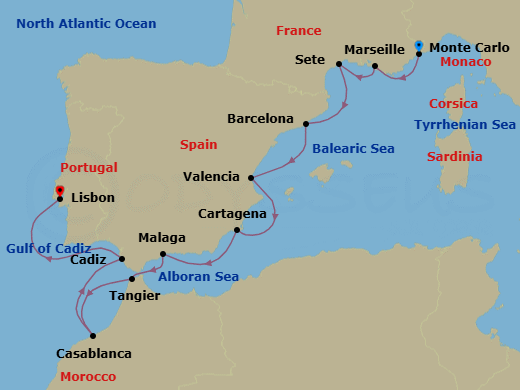 12 Night - Monte Carlo to Lisbon - Silver Dawn - Starting in Monte Carlo, Marseille, Sete, Barcelona, Valencia, Cartagena ES, Spain, Malaga (Costa del Sol), Tangier, Casablanca, Cadiz, Lisbon itinerary map