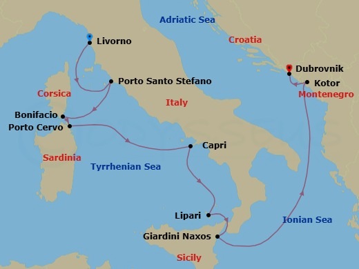 9 Night - Livorno to Dubrovnik - World Traveller - Starting in Livorno (Florence / Pisa), Porto Santo Stefano, Bonifacio (Corsica), Porto Cervo (Sardinia), Capri, Lipari (Aeolian Islands), Italy, Giardini Naxos (Taormina / Mount Etna), Ionian Sea Scenic Navigation, Kotor, Dubrovnik (Old Town) itinerary map