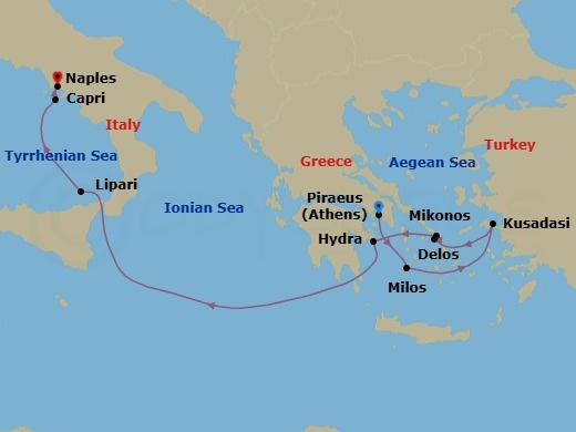 8 Night - Athens to Naples - World Traveller - Starting in Piraeus (Athens), Milos, Kusadasi (Ephesus), Delos, Mykonos, Hydra, Greece, Ionian Sea Scenic Navigation, Lipari (Aeolian Islands), Italy, Capri, Naples (Pompeii) itinerary map