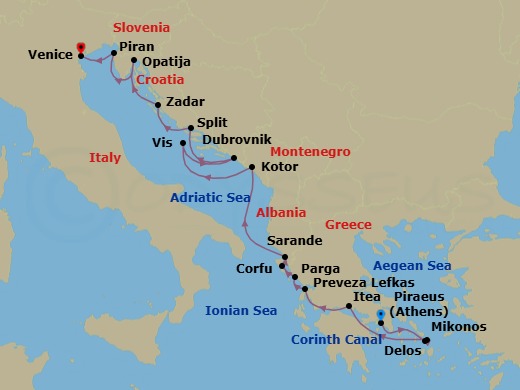 17 Night - Discover Greece, Corinth Canal & the Adriatic - Emerald Azzurra - Starting in Athens (Piraeus), Greece, Delos / Mykonos, Greece, Transit through Corinth Canal / Itea, Greece, Lefkada, Greece, Parga, Greece, Corfu, Greece, Sarande, Albania, Kotor, Montenegro, Vis, Croatia, Dubrovnik, Croatia, Split, Croatia, Zadar, Croatia, Opatija, Croatia, Piran, Slovenia, Venice, Italy itinerary map
