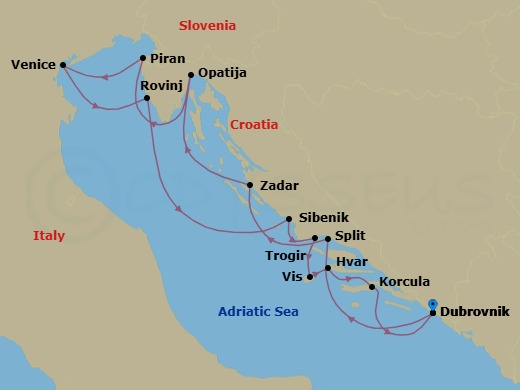 14 Night - Discover the Best of the Croatian Coast - Emerald Kaia - Starting in Dubrovnik, Croatia, Split, Croatia, Zadar, Croatia, Opatija, Croatia, Piran, Slovenia, Venice, Italy, Rovinj, Croatia, Sibenik, Croatia, Trogir, Croatia, Vis, Croatia, Hvar, Croatia, Korcula, Croatia, Dubrovnik, Croatia itinerary map