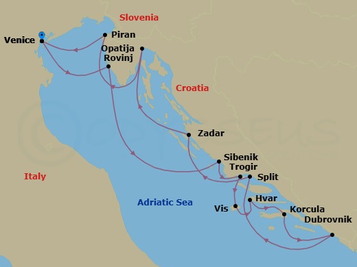 14 Night - Discover the Best of the Croatian Coast - Emerald Kaia - Starting in Venice, Italy, Rovinj, Croatia, Sibenik, Croatia, Trogir, Croatia, Vis, Croatia, Hvar, Croatia, Korcula, Croatia, Dubrovnik, Croatia, Split, Croatia, Zadar, Croatia, Opatija, Croatia, Piran, Slovenia, Venice, Italy itinerary map