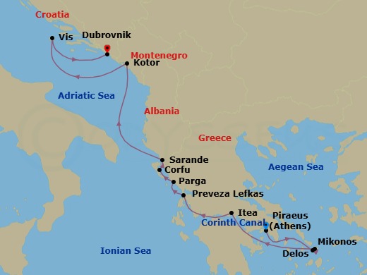 10 Night - The Greek Islands, Corinth Canal & Adriatic - Emerald Azzurra - Starting in Athens (Piraeus), Greece, Delos / Mykonos, Greece, Transit through Corinth Canal / Itea, Greece, Lefkada, Greece, Parga, Greece, Corfu, Greece, Sarande, Albania, Kotor, Montenegro, Vis, Croatia, Dubrovnik, Croatia itinerary map
