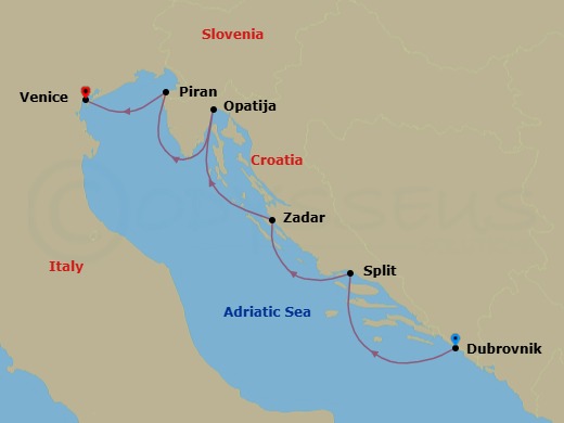 7 Night - Hidden Gems of the Croatian Riviera - Emerald Kaia - Starting in Dubrovnik, Croatia, Split, Croatia, Zadar, Croatia, Opatija, Croatia, Piran, Slovenia, Venice, Italy itinerary map