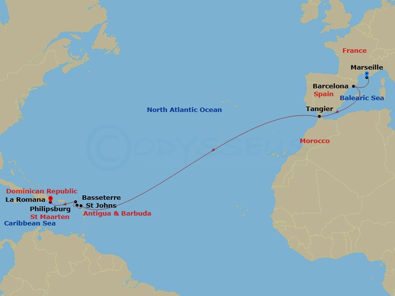 15 Night - Msc Grand Voyages - MSC Opera - Starting in Marseille (Provence), France, Barcelona, Spain, Tangier (Tetouan), Morocco, St Johns AG, Antigua, Philipsburg, St Maarten, Basseterre, Sao Cristovao, Nevis, La Romana, Dominican Republic itinerary map
