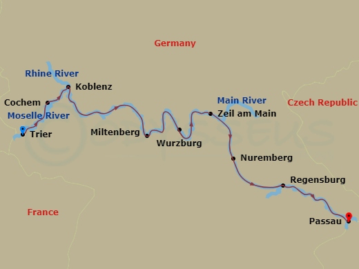 8 Night - German Riverscapes from Trier to Passau - MS Amadeus Amara - Starting in Trier, Cochem, Koblenz, Miltenberg, Wurzburg, Zeil am Main, Nuremberg, Regensburg, Passau itinerary map