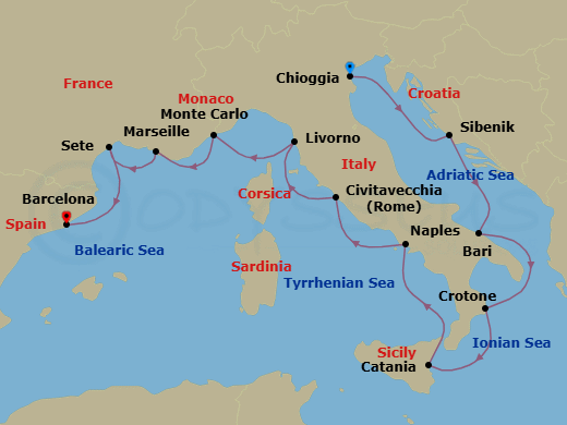 14 Night - Mediterranean & Italian Sojourn - Viking Sky - Starting in Venice (Chioggia), Sibenik, Bari, Crotone, Sicily (Catania), Naples, Rome (Civitavecchia), Florence / Pisa (Livorno), Monte Carlo, Marseille, Sete, Barcelona itinerary map